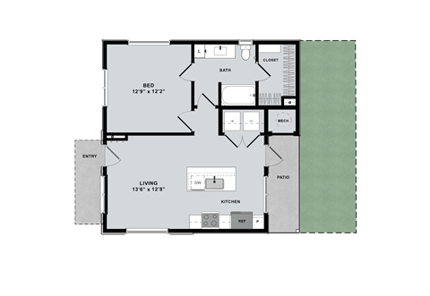 Floor plan for 1 bed, 1 bath, 707 sqft